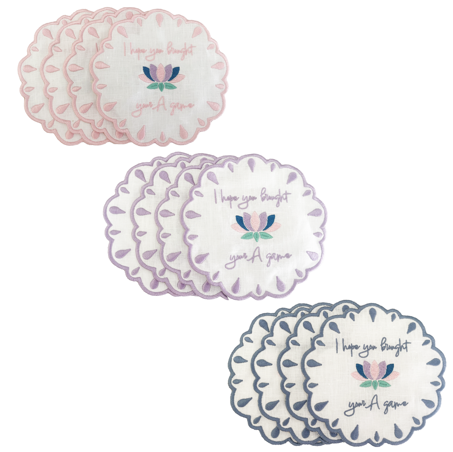 i hope you brought your A game Embroidered Mahjong linen napkins group lavender ,slate blue , light pink stacked