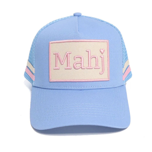 Embroidered mahjong trucker hat light blue front