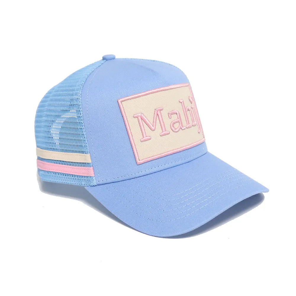 Embroidered mahjong trucker hat light blue angle