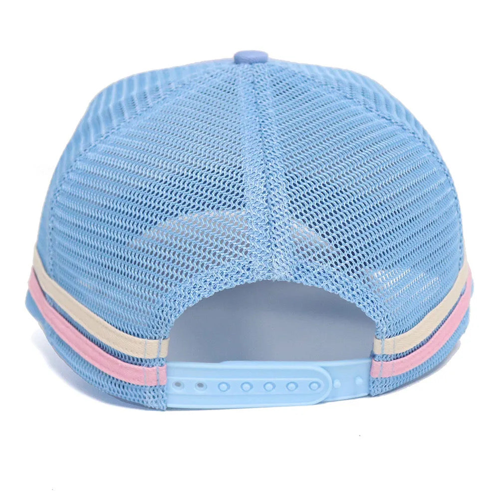 Embroidered mahjong trucker hat light blue back