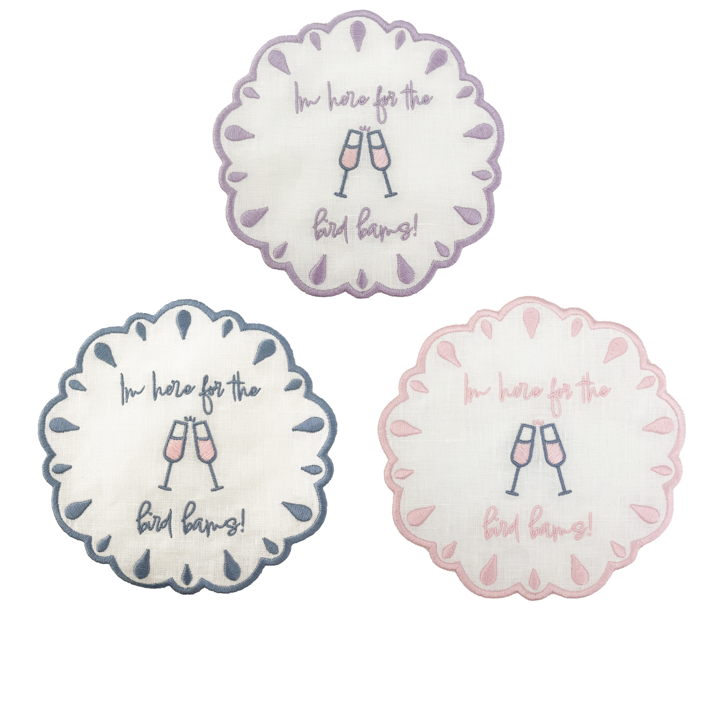 im here for the bird bams embroidered mahjong linen napkins trio light pink slate blue lavender