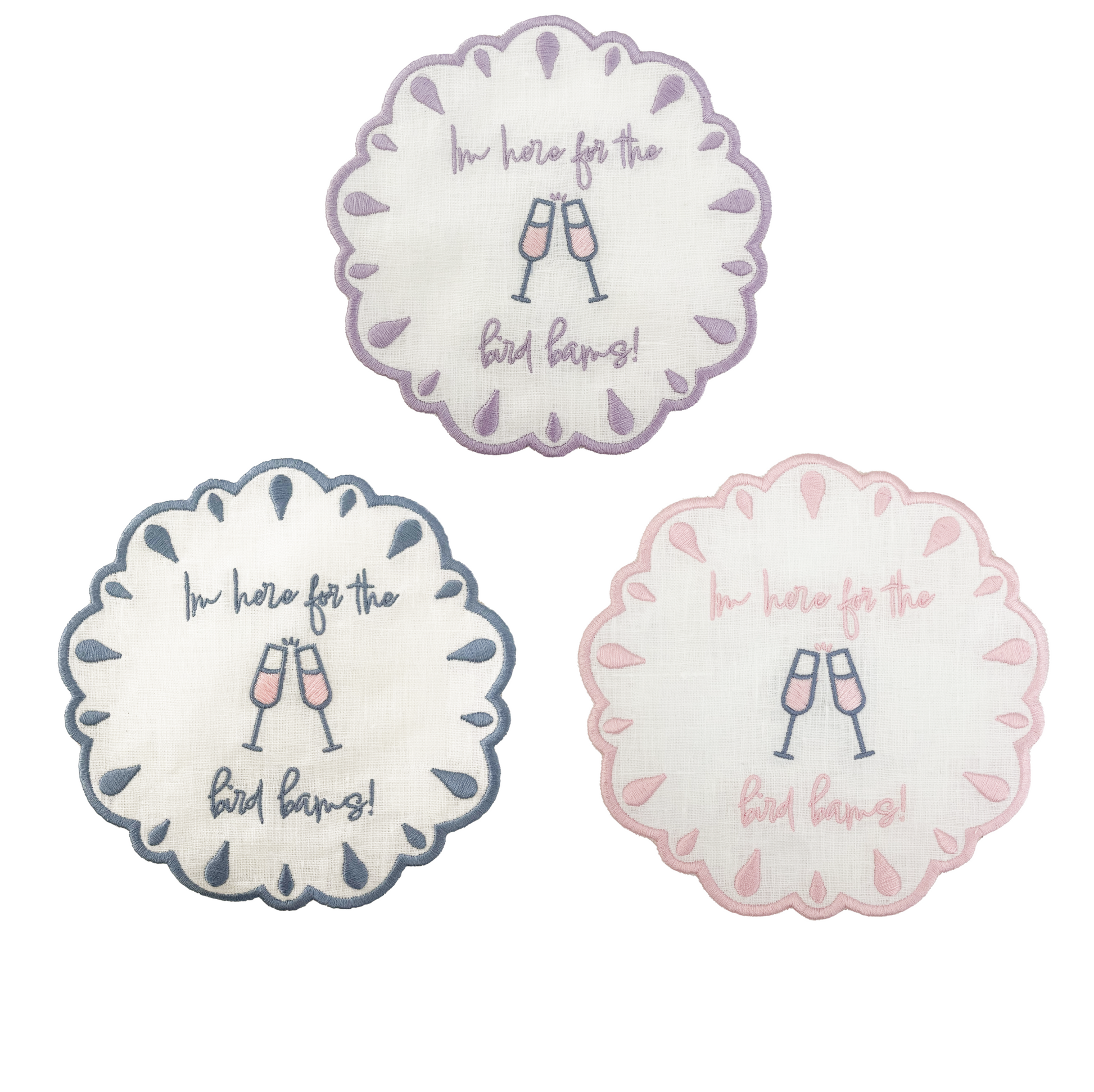 im here for the bird bams embroidered mahjong linen napkins trio light pink slate blue lavender