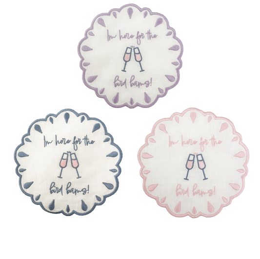 im here for the bird bams embroidered mahjong linen napkins trio light pink slate blue lavender