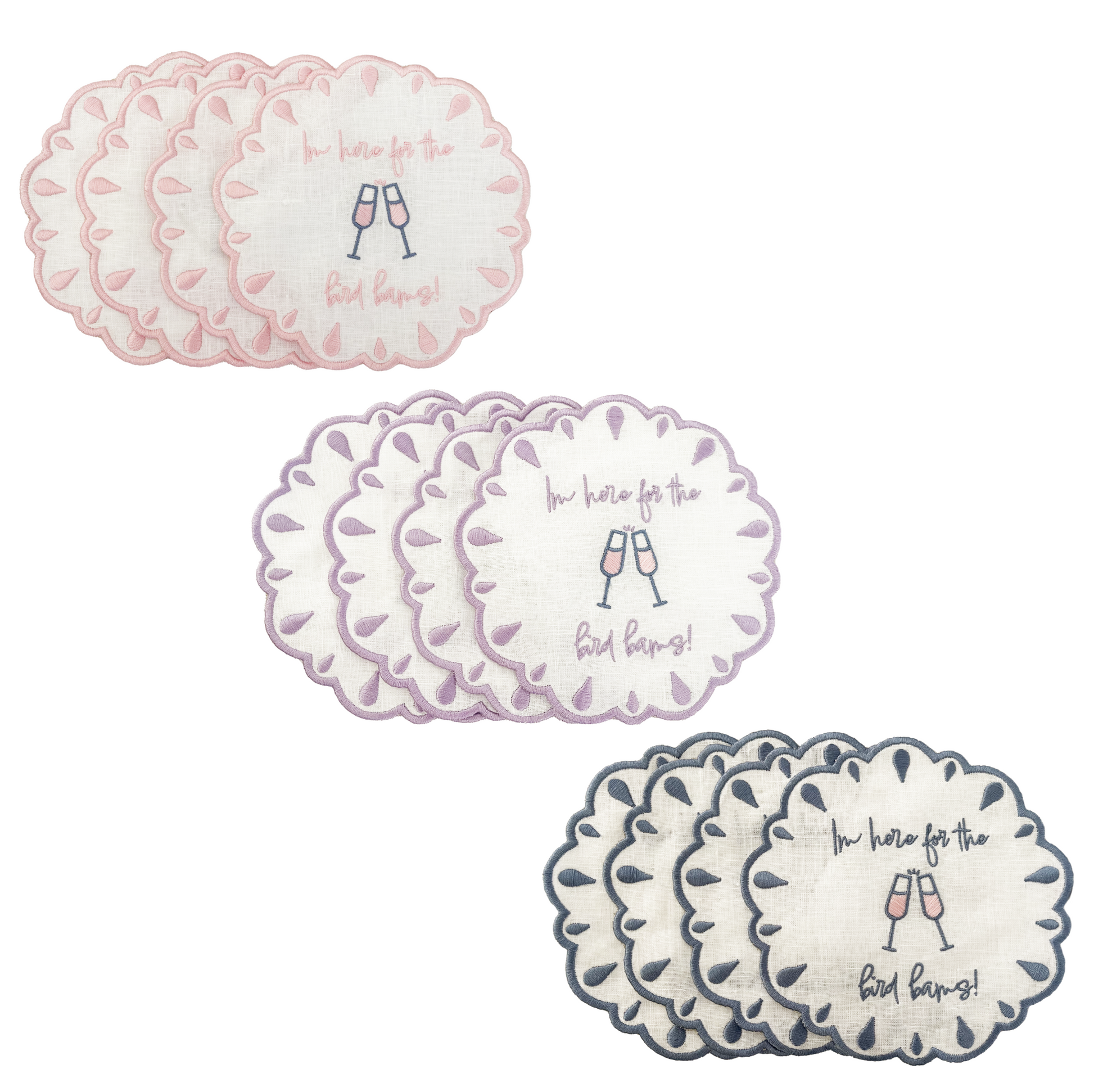 im here for the bird bams embroidered mahjong linen Napkins group light pink, lavender, slate blue