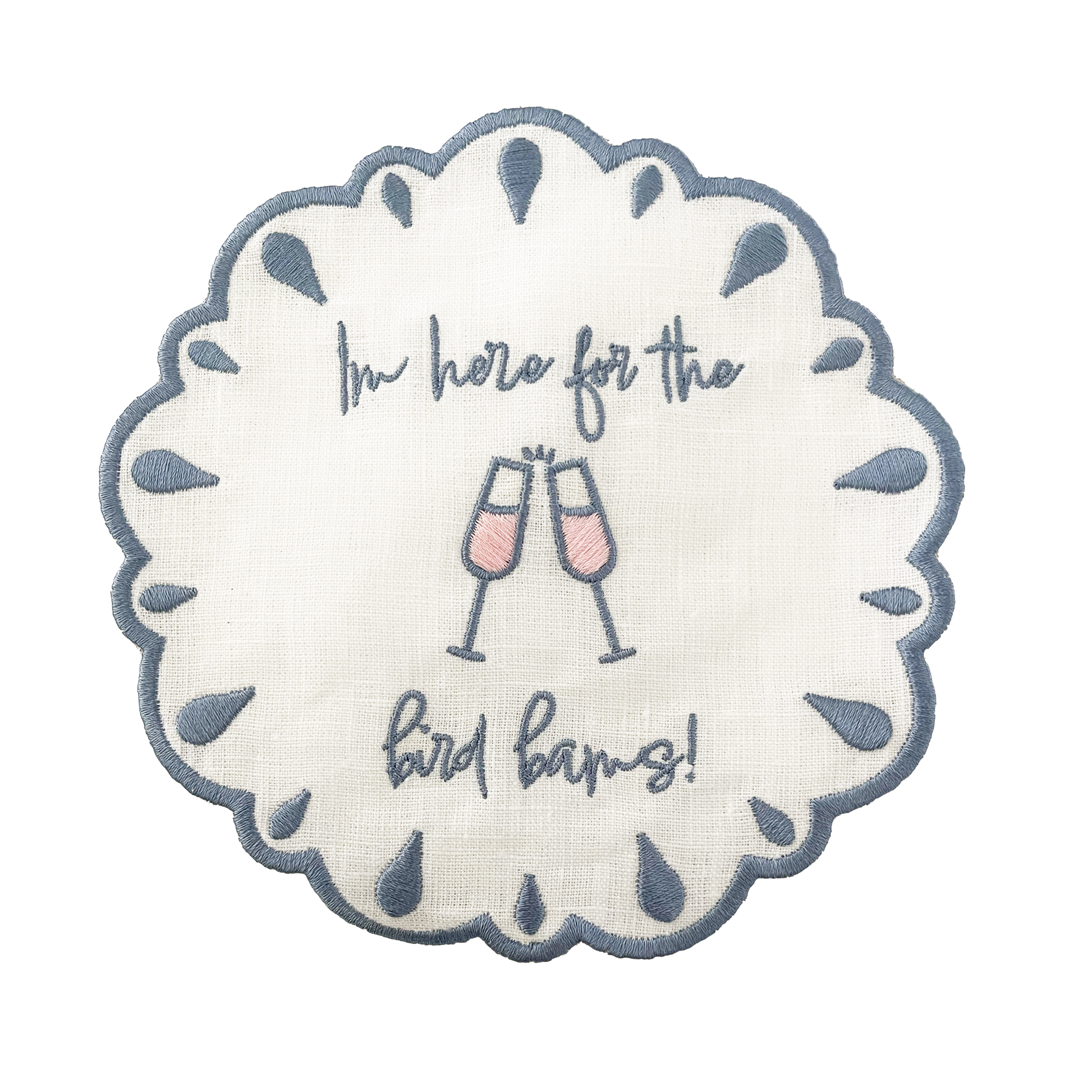 im here for the bird bams embroidered mahjong linen Napkins slate blue front