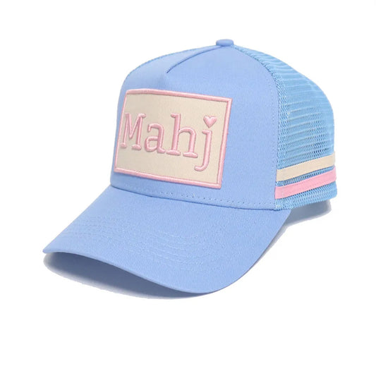 Embroidered mahjong trucker hat light blue side