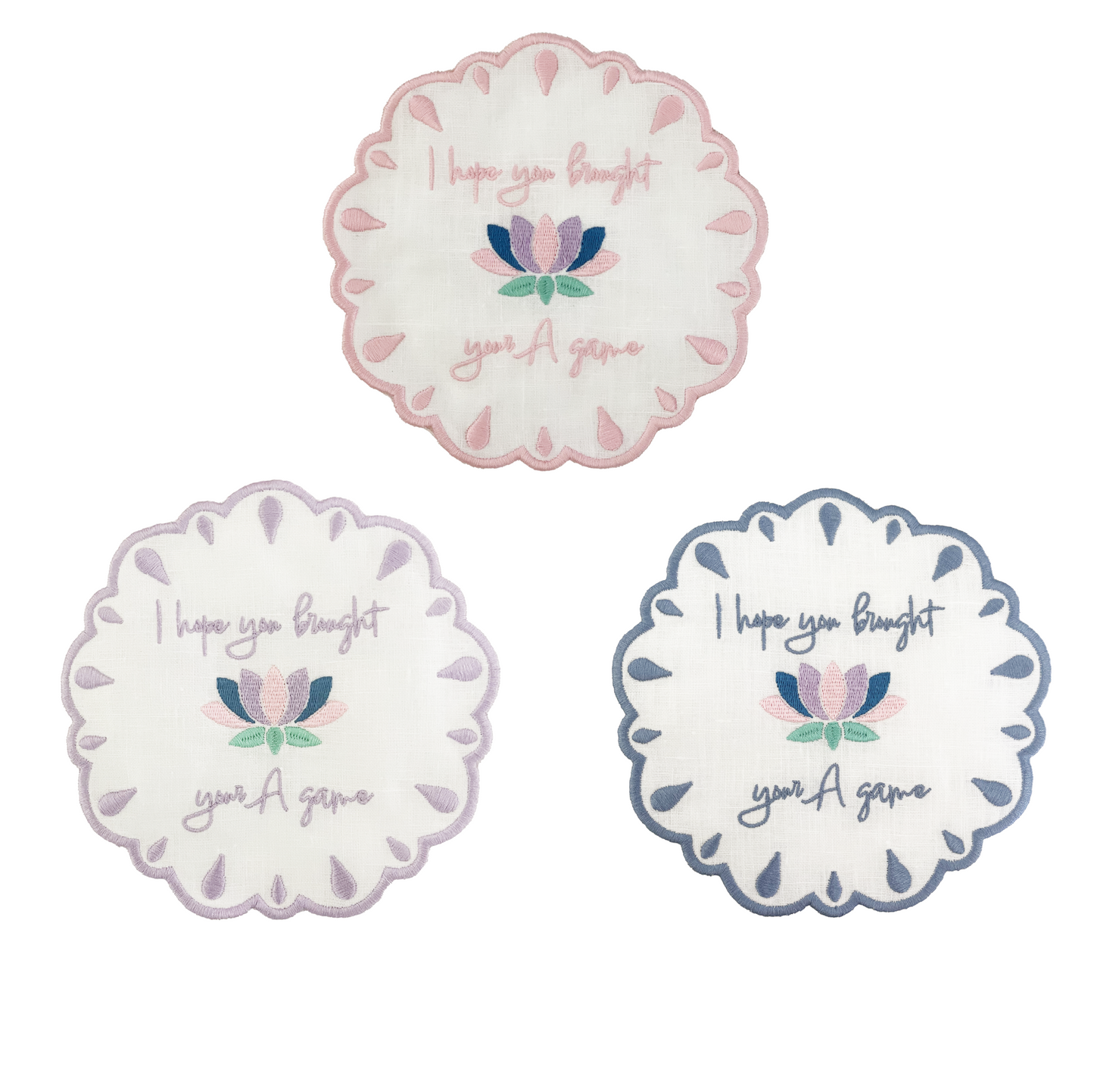 I hope you brought your A game embroidered mahjong linen napkins  trio front