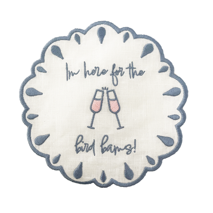 im here for the bird bams embroidered mahjong linen Napkins slate blue front
